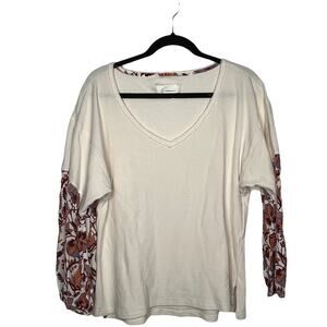 Anthropologie Women's V-Neck Waffle Knit Annette Top White Boho Paisley Small